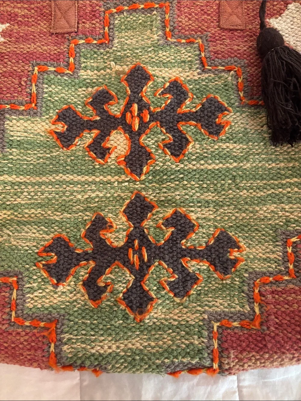 World Market Red-Brown and Green Woven Tote with Tassel 15x17 inches